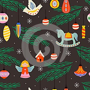 Seamless pattern with vintage cute Christmas ornaments