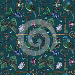 Seamless pattern of vintage elements: jewelry, brooches, keys, bird, blueberries.