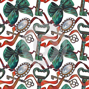 Seamless pattern of vintage elements: jewelry, vintage key, blue-green bow and red ribbon