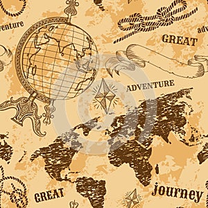 Seamless pattern with vintage globe, abstract world map, rope knots, ribbon. Retro hand drawn vector illustration Great adventure