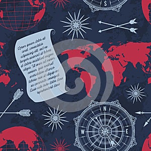 Seamless pattern with vintage globe, compass, world map and wind rose.