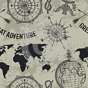 Seamless pattern with vintage globe, compass, world map and wind rose.