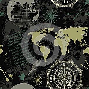 Seamless pattern with vintage globe, compass, world map and wind rose.