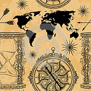 Seamless pattern with vintage hourglass, compass, world map and wind rose.