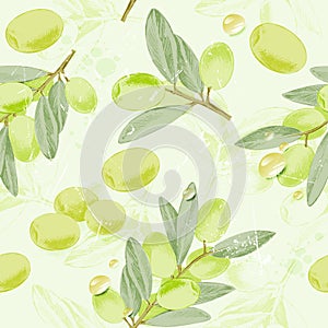 Seamless pattern vintage image of olive branches with olive oil drops . vector illustration