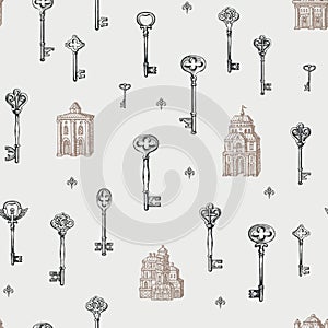 Seamless pattern with vintage keys and old buildings