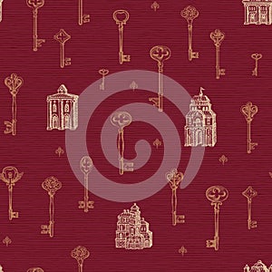 Seamless pattern with vintage keys and old buildings