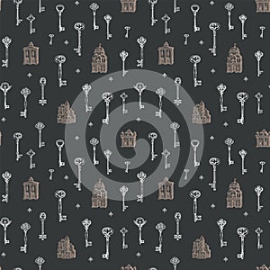 seamless pattern with vintage keys and old buildings