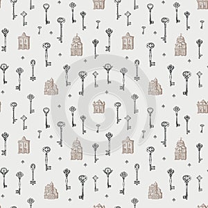 seamless pattern with vintage keys and old buildings