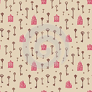 seamless pattern with vintage keys and old buildings