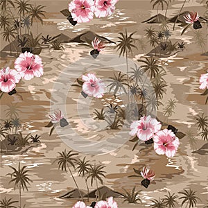 Seamless pattern Vintage mood monotone beige island summer paradise with blooming hibiscus flowers,palm tree and exotic plants