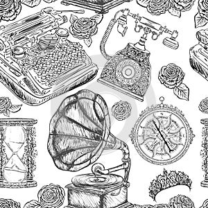 Seamless pattern with vintage objects. Typewriter, phone, hourglass, gramophone, compass, tiara, roses.