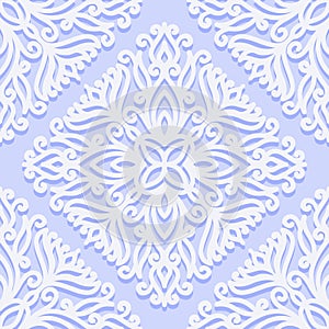 Seamless pattern with vintage ornaments with curls. White floral pattern on a blue background.