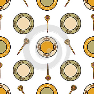 Seamless pattern. Vintage plates and wooden spoons. Vector