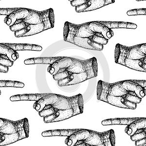 Seamless pattern vintage pointing finger showing direction. black and white template for tattoo, poster, print or t