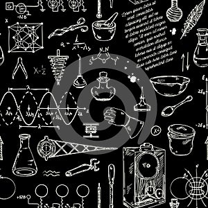 Seamless pattern with vintage science objects. Scientific equipment for physics and chemistry.