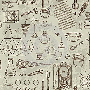 Seamless pattern with vintage science objects. Scientific equipment for physics and chemistry.