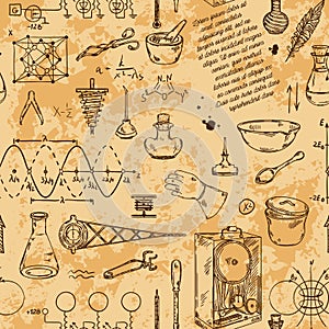 Seamless pattern with vintage science objects. Scientific equipment for physics and chemistry.