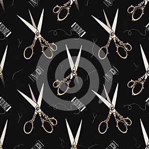 Seamless Pattern of Vintage Scissors and Thread Spools on Black Background