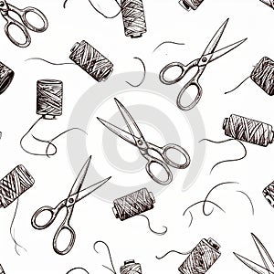 Seamless Pattern of Vintage Scissors and Thread Spools