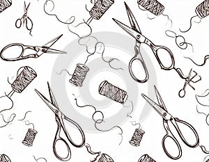 Seamless pattern with vintage scissors and thread spools, hand-drawn sketch style, sewing tools background