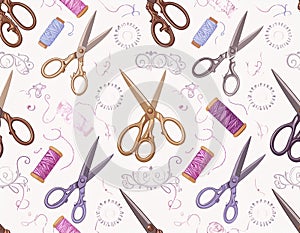 Seamless Pattern with Vintage Scissors and Thread Spools on a Light Background