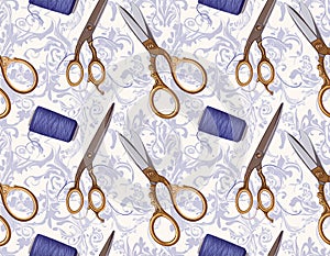 Seamless Pattern with Vintage Scissors and Thread Spools on Ornate Background