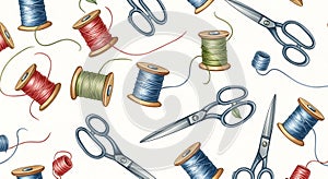 Seamless Pattern with Vintage Sewing Tools and Colorful Thread Spools