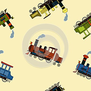 Seamless pattern with vintage steam locomotives in cartoon style on beige background