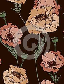 Seamless pattern in vintage style. Poppy flowers, buds, poppy heads, leaves form a continuous composition. Vector