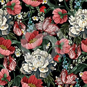 Seamless pattern with vintage tulips and peonies. Classic vector wallpaper.