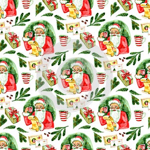 Seamless pattern. Vintage watercolor cute Santa Claus drinking hot tea, coffee and reads letters. Christmas illustration