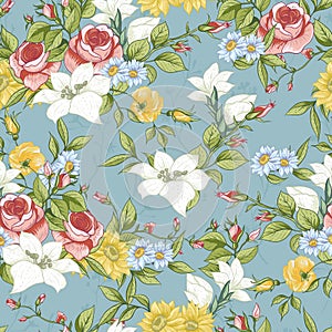 Seamless Pattern with Vintage Wildflowers