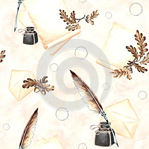 Seamless pattern from vintage writing supplies. Parchment paper, envelope, feather quill with inkwell, oak leaves. Hand