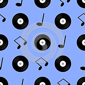 Seamless pattern vinyl and music notes on a blue background. Design element for poster, banner, clothes.