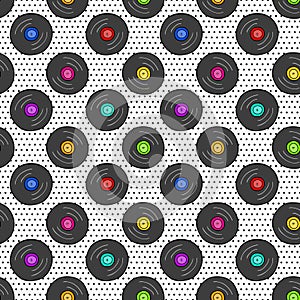 Seamless pattern with vinyl record on dotted texture.