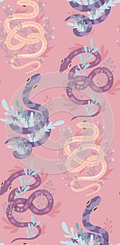 Seamless pattern with violet snakes and stems on a pink background. Vector animalistic texture with curled serpents and herbs
