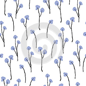 Seamless pattern with violet spring branches on a white background.