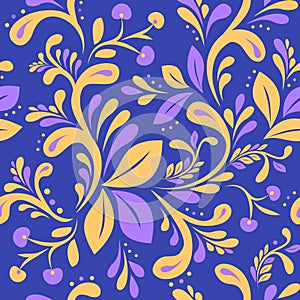 Seamless pattern in violet-yellow tones with elements of berries, leaves, curls.