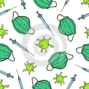 Seamless pattern of virus, Injection, and breathing medical respiratory mask to fight against the virus on a white