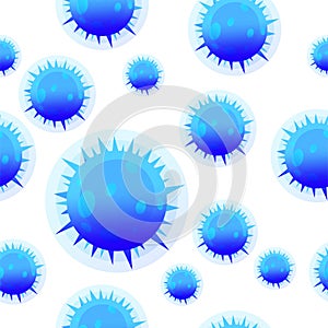 Seamless pattern with viruses of the bacteria coronavirus disease Covid-19. Corona virus on white background with neon blue. Covid