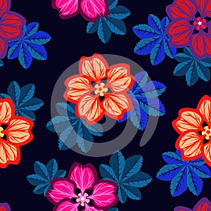 Seamless pattern with vivid colorful flowers and leaves on black background