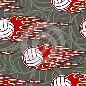 Seamless pattern with volleyball balls and flame.