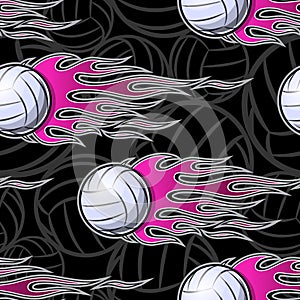 Seamless pattern with volleyball balls and flame.