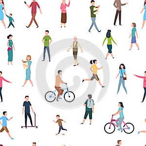 Seamless pattern with walking people. Persons in casual clothes, crowd walks in city. Vector illustration sketch cartoon