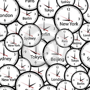 Seamless pattern with wall clocks and time in different cities