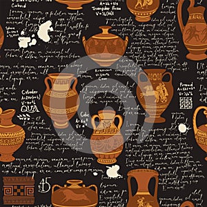 seamless pattern or wallpaper on the theme of ancient Greece. Manuscript with sketches antique amphoras and jugs