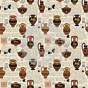 seamless pattern or wallpaper on the theme of ancient Greece. Manuscript with sketches antique amphoras and jugs