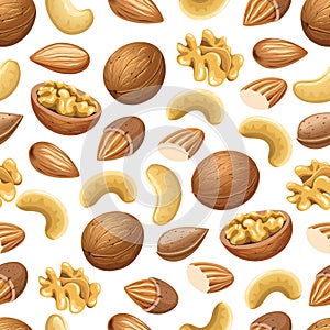 Seamless pattern with walnuts and almonds on a white background.