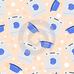 A seamless pattern with a washing machine, a basin with water